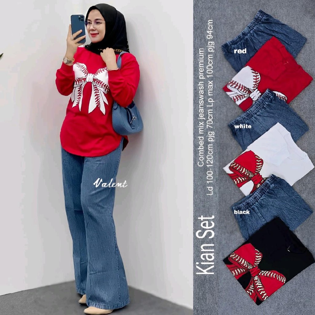 Kian Setelan Celana Jeans Cutbray Atasan Motif Pita