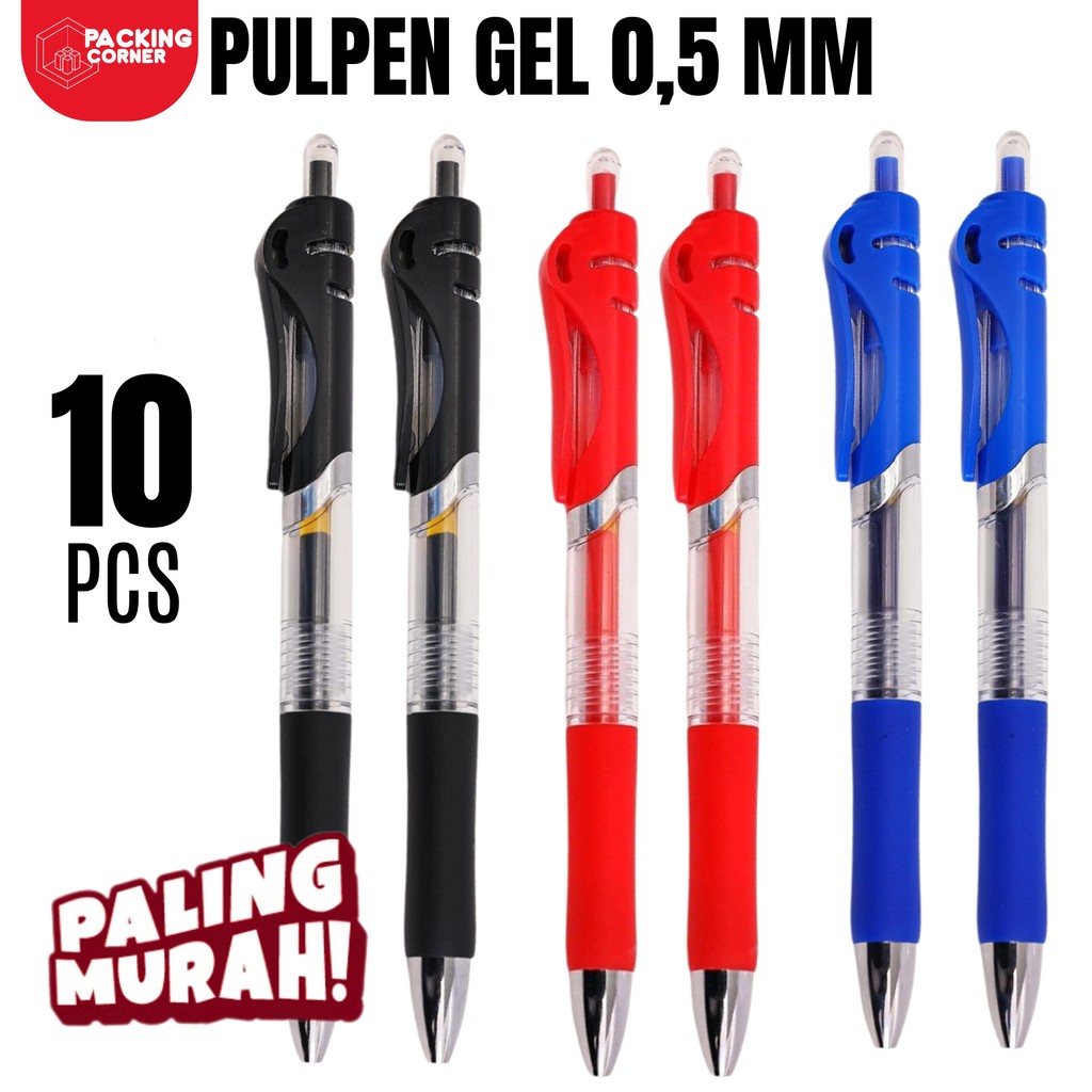 

12PCS Pulpen Gel Cetek 0.5mm Hitam Merah Biru Bolpoint Pen Tinta Click Bolpen Klik Bukan Joyko