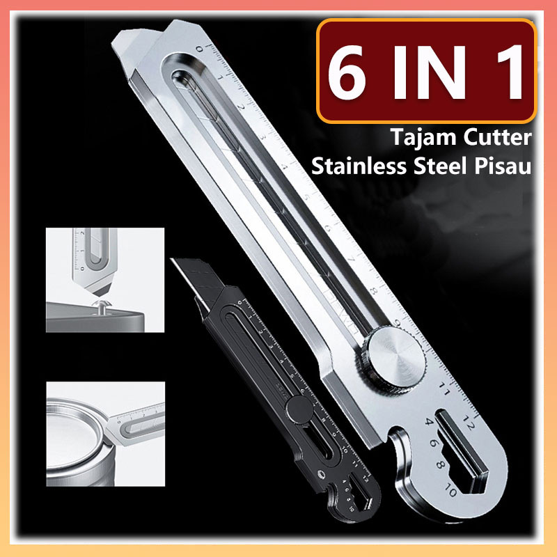 

6 in1 Cutter 18mm Multifungsi Pembuka Tutup Botol Penggaris Cutter / Tajam Cutter Stainless Steel Pisau / 10pc Pisau Set Cutter Pisau Pemotong Kertas
