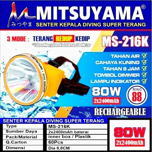 Senter Kepala Selam Head Lamp Diving Mitsuyama MS-216K MS 216 K 216P 216 P 80W Headlamp Diving Cahay