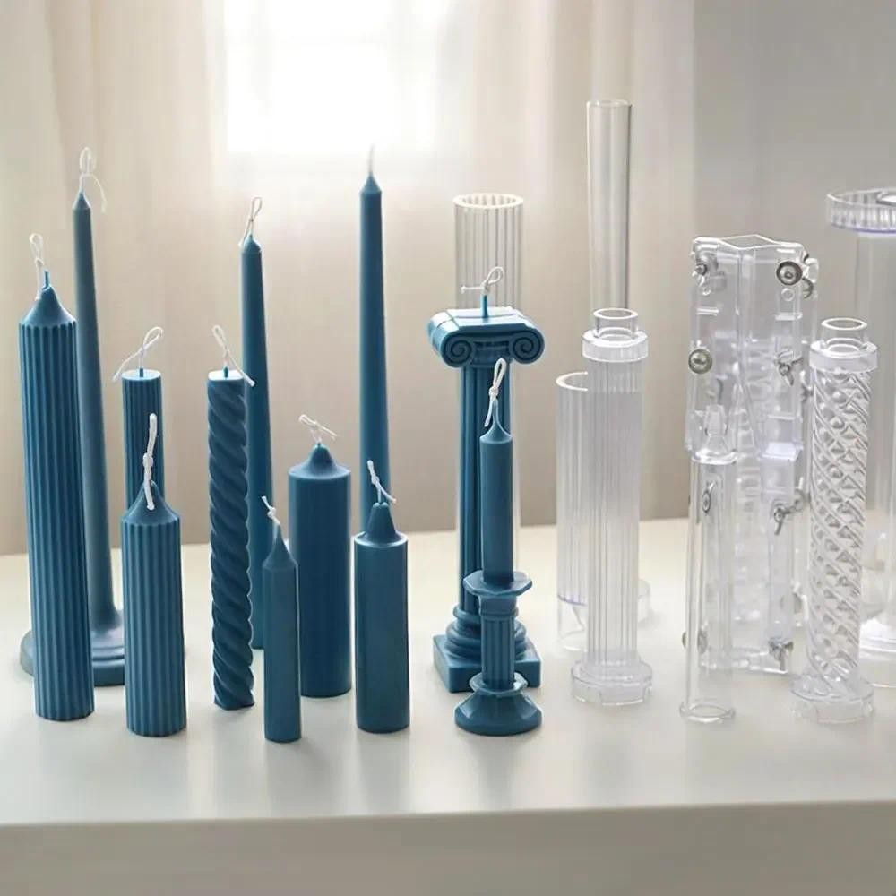 

3D Long Pole Acrylic Scented Candle Making Taper Pillar Plastic Moulds Geometry Roman Column Molds Party Candlestick Decor Gifts