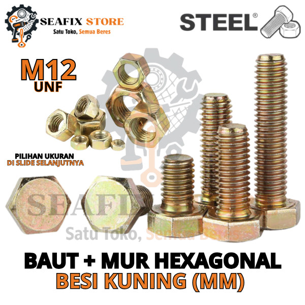 BAUT MUR BESI KUNING M12 X (PANJANG TINGGAL PILIH) - BAUT MUR KUNCI 17 UNC, BAUT MUR DRAT HALUS