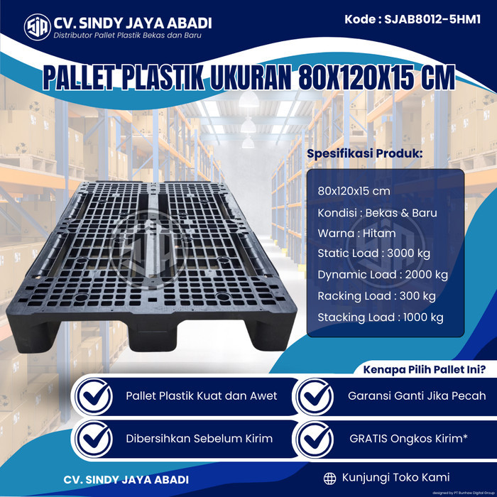 

Pallet Plastik Bekas Ukuran 80x120x15 cm - SJAB8012-5HM1 / Pallet Plastik Warna Hitam / Pallet Plastik Jaring