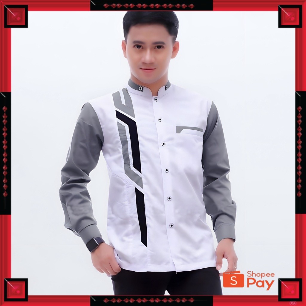 [PREMIUM ORIGINAL] Baju Koko Pria Dewasa Lengan Panjang Motif Sinergi Terbaru Warna Putih Kombinasi 