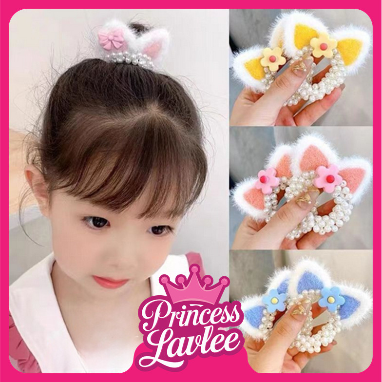 PL  F5799 Ikat Rambut Mutiara Import  Ikat Rambut Anak Lucu Motif Telinga Kucing Gaya Korea Import  