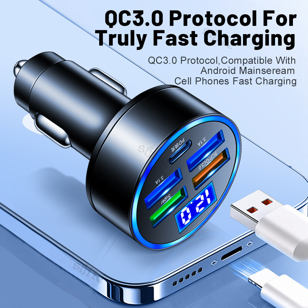 Digital Display Car Charger With 3 in 1 Cable Dual port USB type-c port Phone Charger