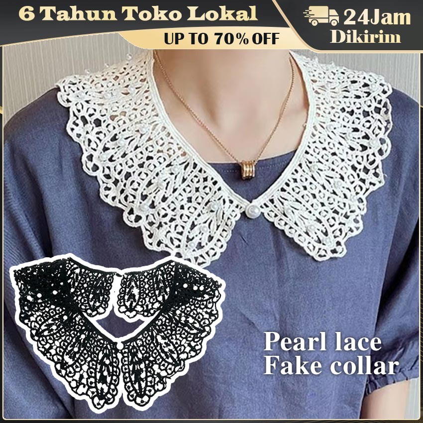 Kerah Palsu Lace Pearl / Fake Collar Fashion Korea / Kerah Instan Bordir Renda Palsu