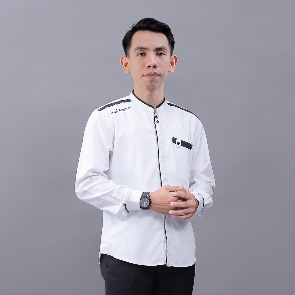 Baju Koko Pria Elrumi Lengan Panjang Motif Yisunsin Warna Putih Kemeja Koko Putih Baju Muslim Pria