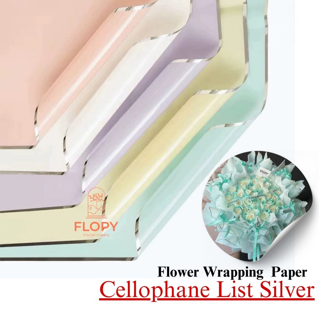 

[ 5 Lembar ] Cellophane Silver Border Flower Wrap / Kertas Bunga / Kertas Cellophane - FWIS