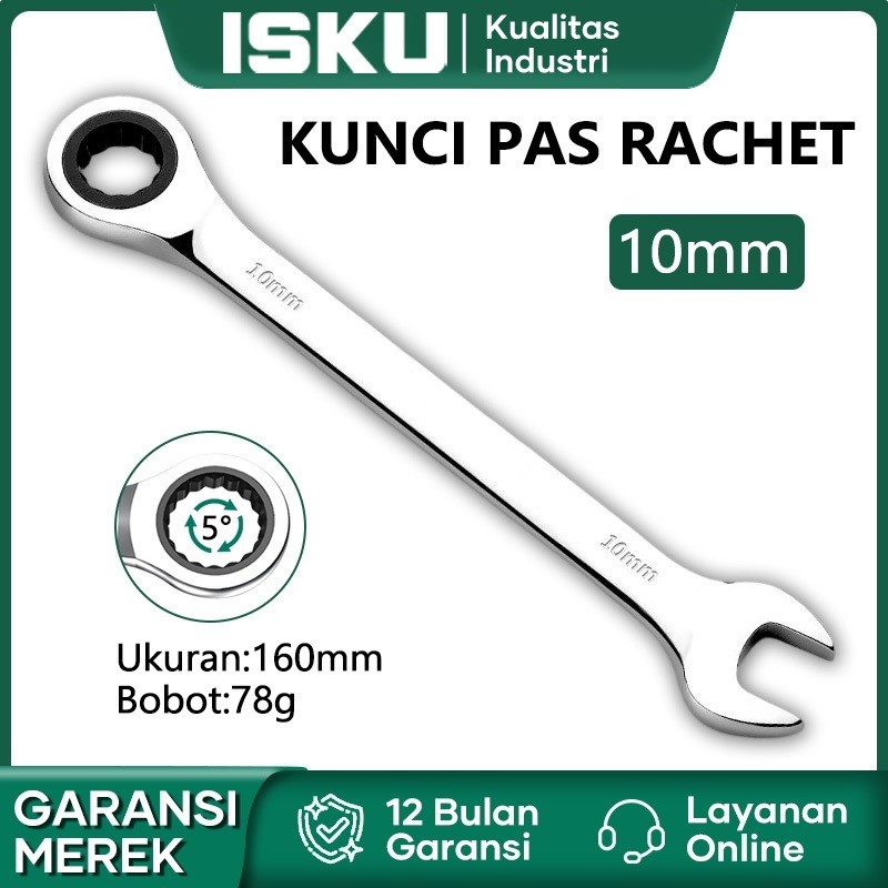 ISKU Kunci Ring Pas Bolak Balik 10mm 72gigi kunci ring rachet 10mm kunci shock set Kunci 10