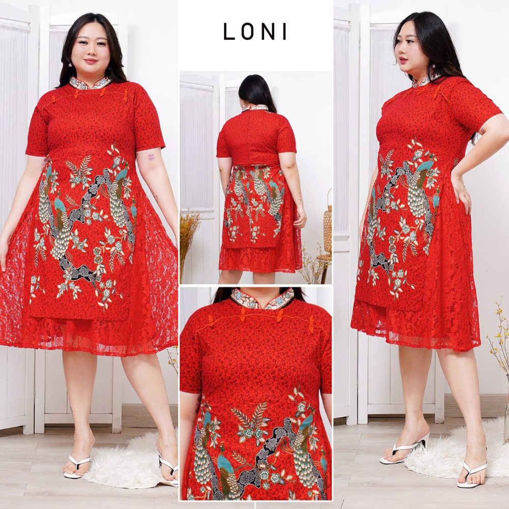 GIRLY Loni Dress Wanita Batik Couple Modern Dress Batik Modern Gaun Pesta Merah