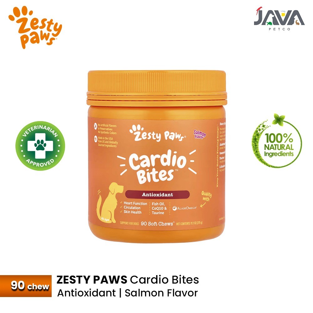 Zesty Paws Cardio Bites Salmon Flavor 90 Chews Antioxidant Supplement Anjing