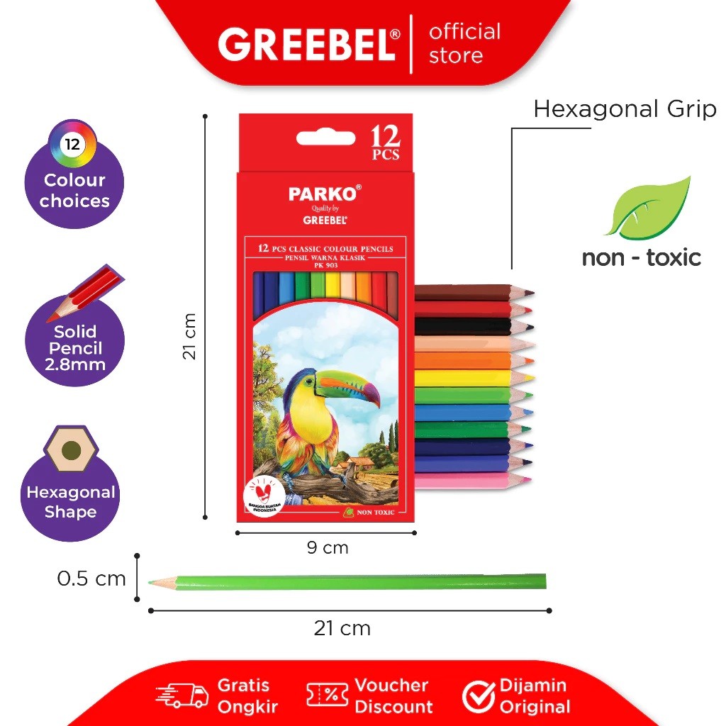 

Greebel Pensil Warna Panjang Parko Coloring Pensil 12 Warna PK-903 @1SET