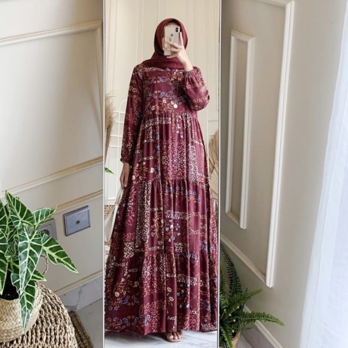 AB_Store / dress bunga gamis Yuli maroon baju muslim kuliah main murah jus 02 ktf