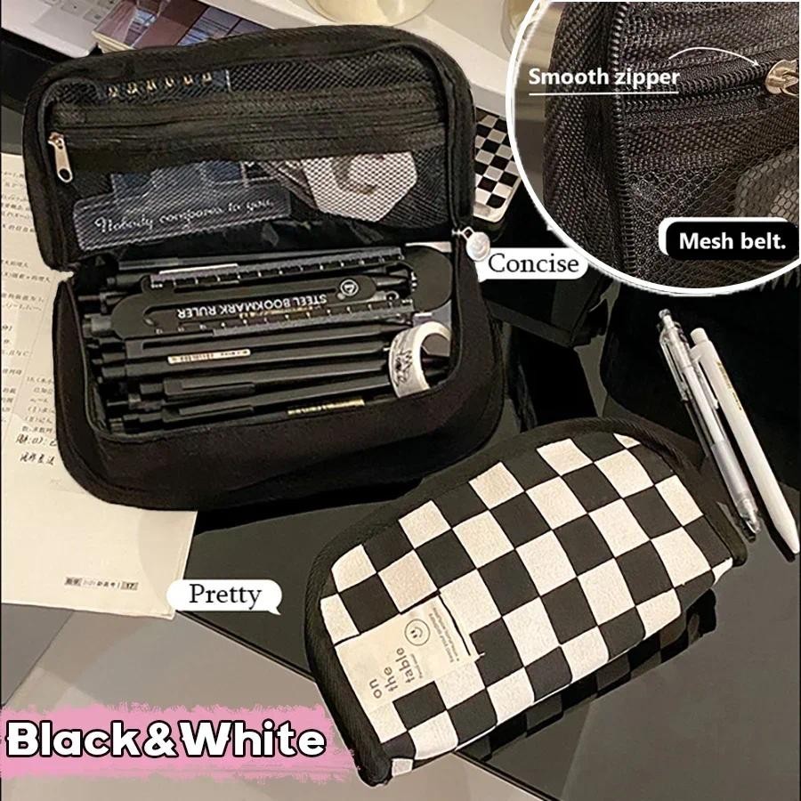 

Korean Pencil Case Canvas Lattice Large Capacity Checkerboard Pencil Bag for students Stationery box kawaii school supplies