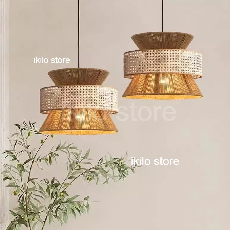 Lampu Gantung Anyaman Gaya Jepang Wabi-Sabi, Desain Retro Tali Rami dan Rotan Bambu, Lampu Plafon De