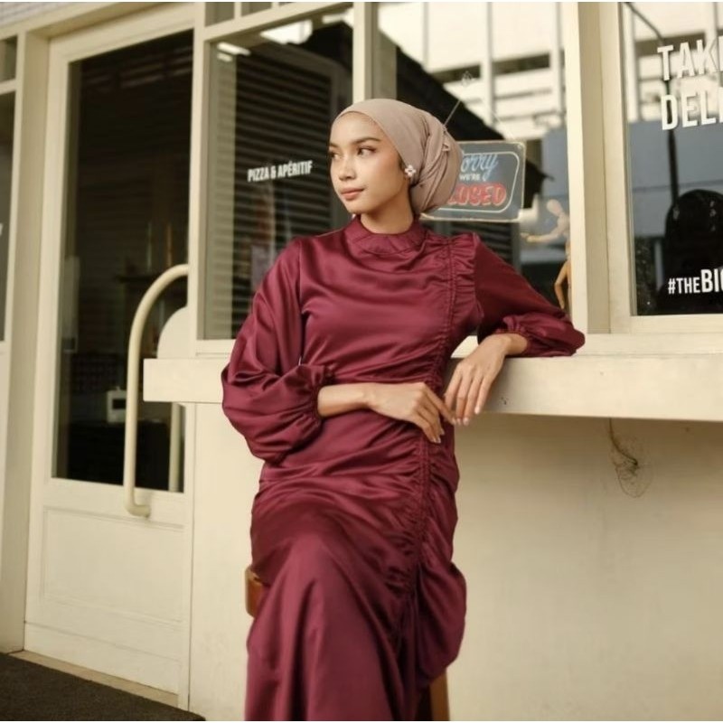Dress Gamis Serut Fuji Satin Silk Kondangan Remaja Hajatan