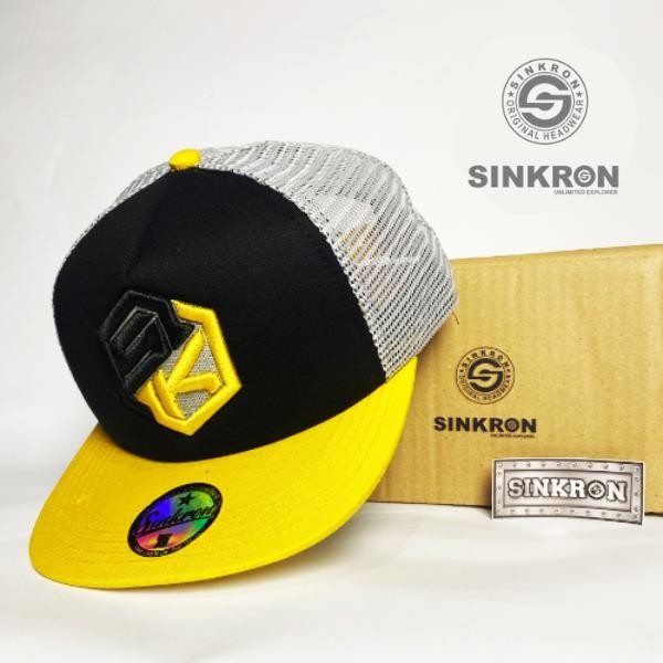Inshel X SINKRON Topi Snapback Jaring Premium Putih Hitam Kuning Logo SK Hitam Kuning Adjustable