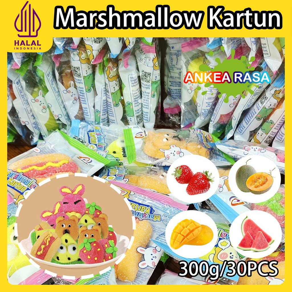 

1 kantong @30 Pcs-Marshmallow KartunAneka Rasa Buah:Stroberi, Mangga, Melon,Semangka Berbagai pola lucu Mini SnackMakanan RASA BUAH MARSHMALLOW KARTUN 10g/pcs(2kantong free 1 kait)