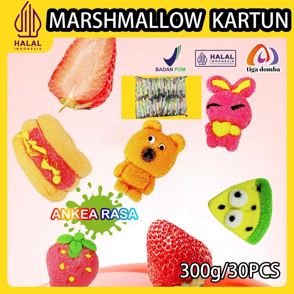 

【Halal】1 box @30 Pcs-Marshmallow Kartun-Aneka Rasa Buah:Stroberi, Mangga, Melon，Semangka Berbagai pola lucu Mini Snack Makanan RASA BUAH MARSHMALLOW KARTUN 10g/kantong(2kantong free 1 kait)