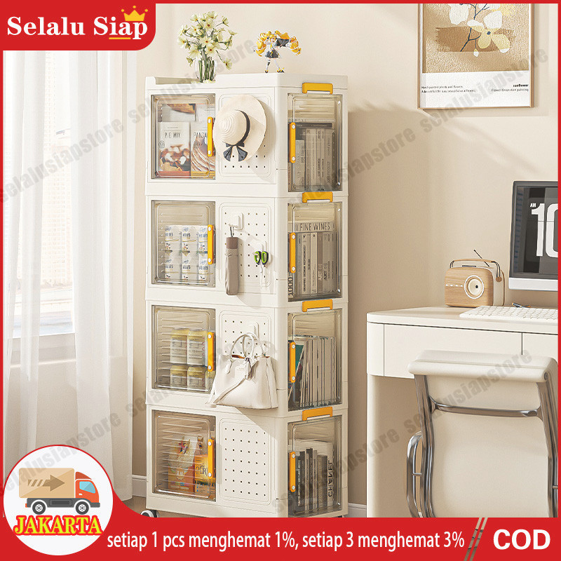 (Dengan Roda) Rak Kabinet Susun Lipat/Rak Buku Serbaguna ada Roda/Lemari Plastik Lipat Susun