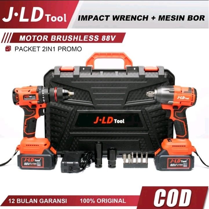 JLD BOR DAN IMPACT WRENCH PAKET LENGKAP 350NM 88VF / BOR BATERAI DAN PEMBUKA BAUT BATERAI BRUSHLESS 
