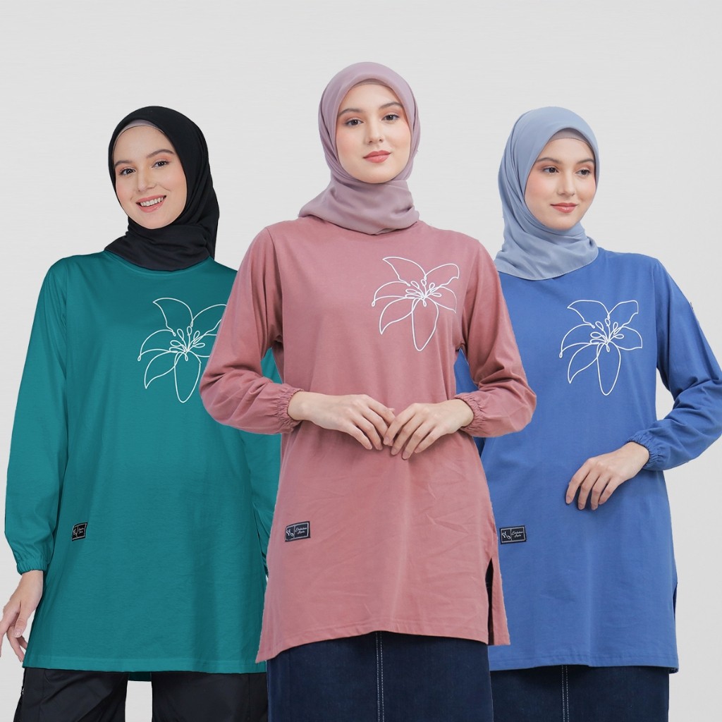 LHN75 Long Tunik Kaos Kasual Motif Bunga Lengan Balon Atasan Wanita Terbaru Kombed 20s Jumbo Muslima