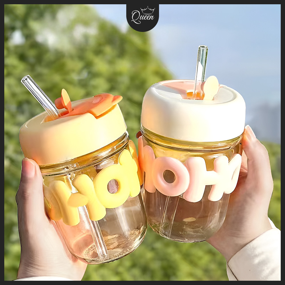 QG Tumbler Gelas Botol Minum Kaca Aesthetic Tumbler Minum Sedotan Lucu