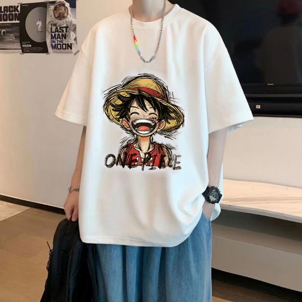 [COD] Kaos Distro Oversize pria premium Katun 100% Distro motif Raja Laut Topi Jerami Luffy Putih le