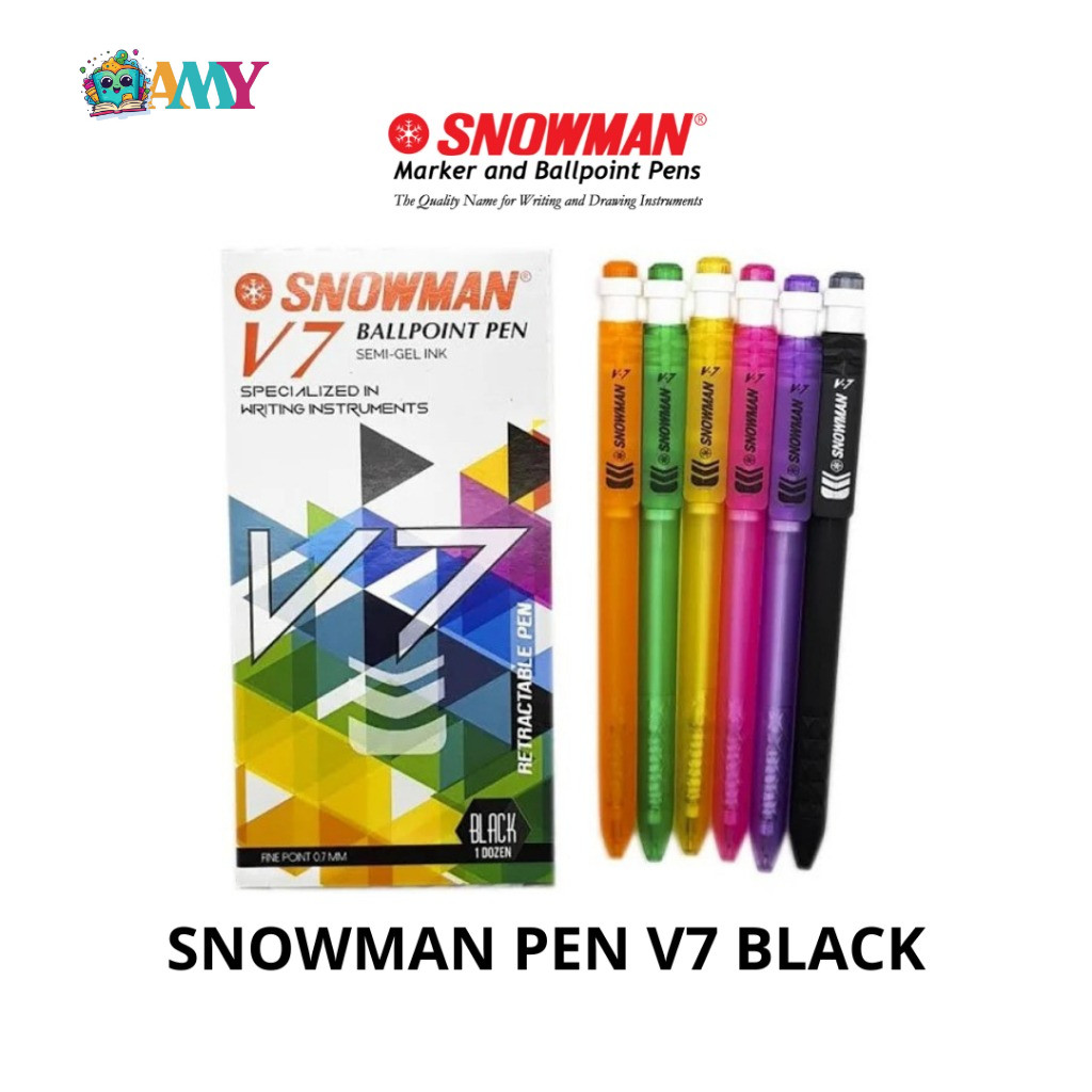 

(1PAK ISI 12PCS) SNOWMAN BALLPOINT V-7 HITAM AMY STASIONARY