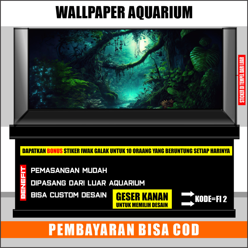 STICKER AQUARIUM, AQUASCAPE,STIKER KACA AQUARIUM,BACKGROUND AQUARIUM TEMA HUTAN JUNGLE FI2