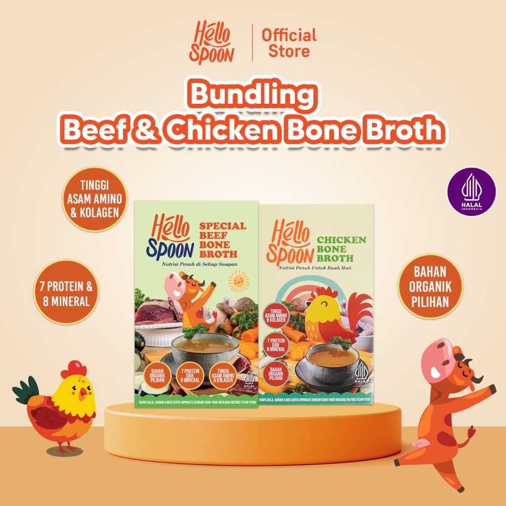 

Hello Spoon - Chicken Bone Broth & Beef Bone Broth FREE 1 Sachet + Sticker - 600ml - BB BOOSTER, Kaldu Ceker Ayam & Kaldu Tulang Sapi, Alami 100% Non MSG