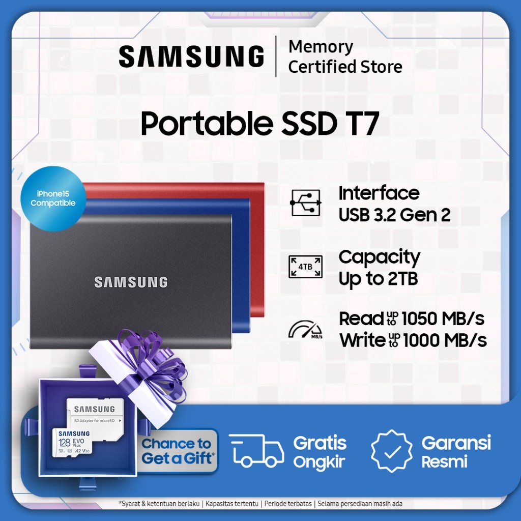 Samsung Portable SSD T7 USB 3.2 Gen 2 - SSD Eksternal - 1TB / 2TB / 4TB