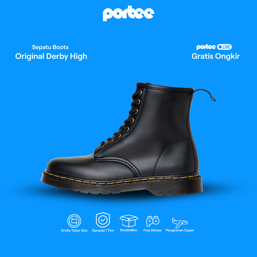 Sepatu Boots Portee Original Derby High Black - Boots Tinggi Pria Wanita Hitam | Kasual Formal