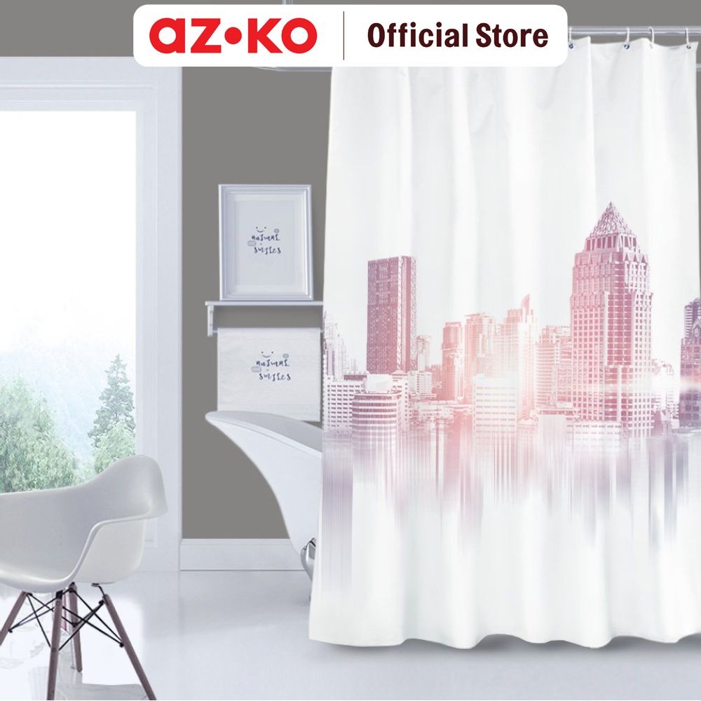AZKO Forhom 180x180 cm Tirai Kamar Mandi Dengan C Hooks City Gorden Penutup Ruang Shower Curtain Sho