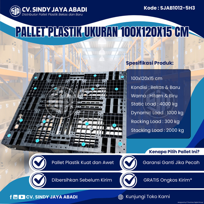 

Pallet Plastik Bekas Ukuran 100x120x15 cm - SJAB1012-5H3 / Pallet Plastik Warna Hitam / Pallet Plastik Jaring