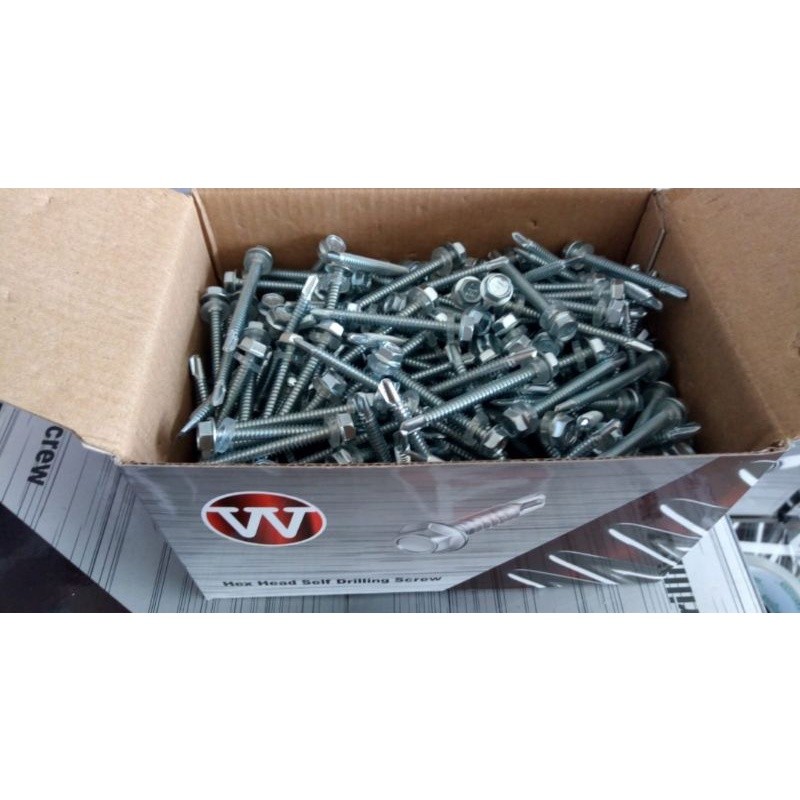 JKU43 Baut Drilling W ukuran 12x50, isi 350pc, panjang 5cm, kunci 8, ada karet, baut atap spandek, b