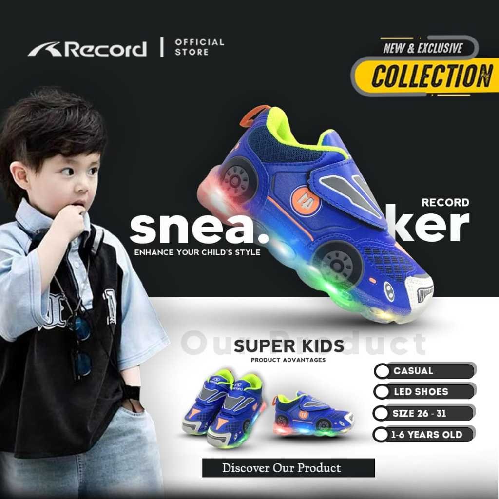 KBX43 [RECORD SHOES] SUPER KIDS 04B I Sepatu Lampu Anak LED usia 1-6 tahun Mobil  Dan Motobike 26-31