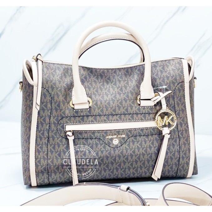 Michael Kors Carine Satchel Medium Signature Brown / Soft Pink