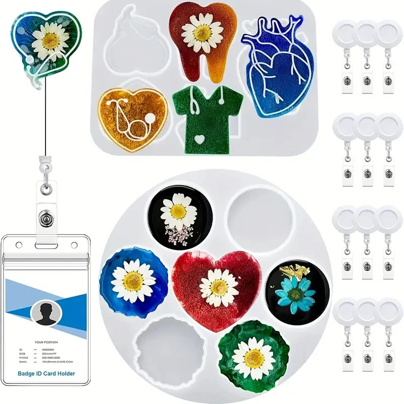 

15Pcs Badge Reel Molds for Resin,Silicone Resin Mold Medical Nurse Theme with Retractable Badge Reels DIY Resin Keychain Pendant