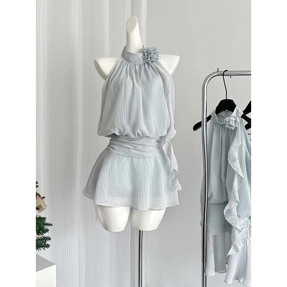 Summer Coquette French Vintage Mini Sleeveless Dress Women Frock Evening Party 2000s Aesthetic One-P