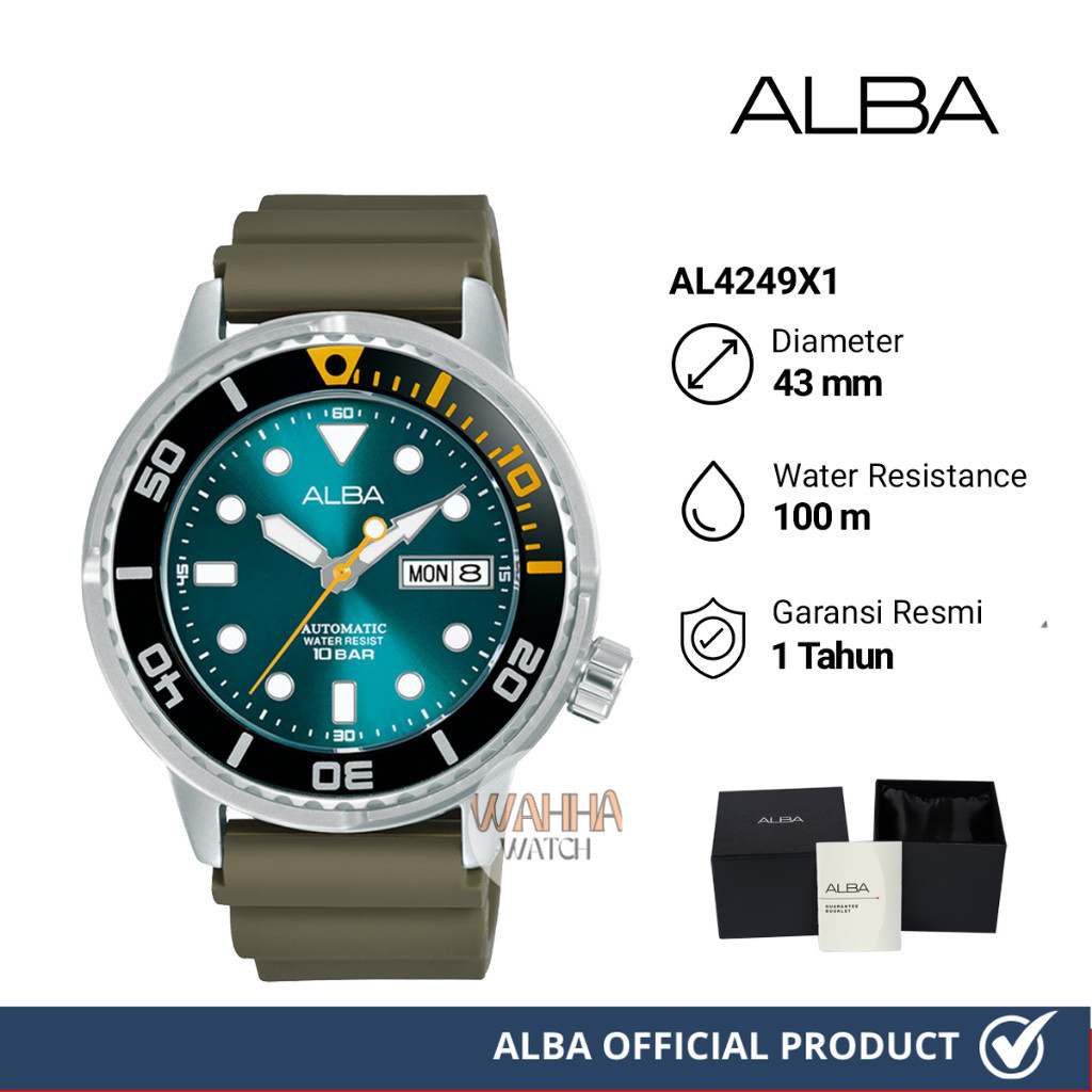 Jam Tangan Pria Alba Mechanical AL4249X1  Automatic Green Emerald Dial Green Army Rubber Strap