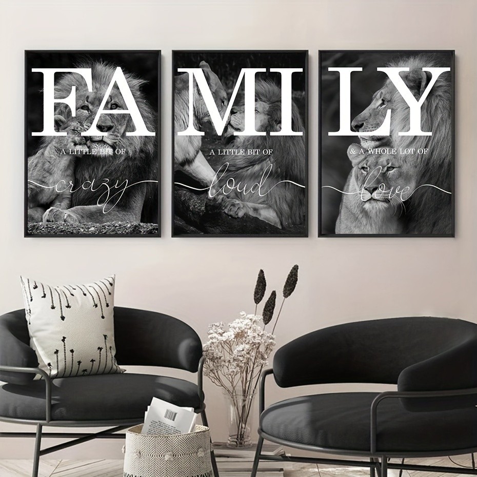 

3pcs Black And White Lion Family Quote Home Signs Canvas Paintings Animal Lion Wall Art Prints And Posters For Living Rooom