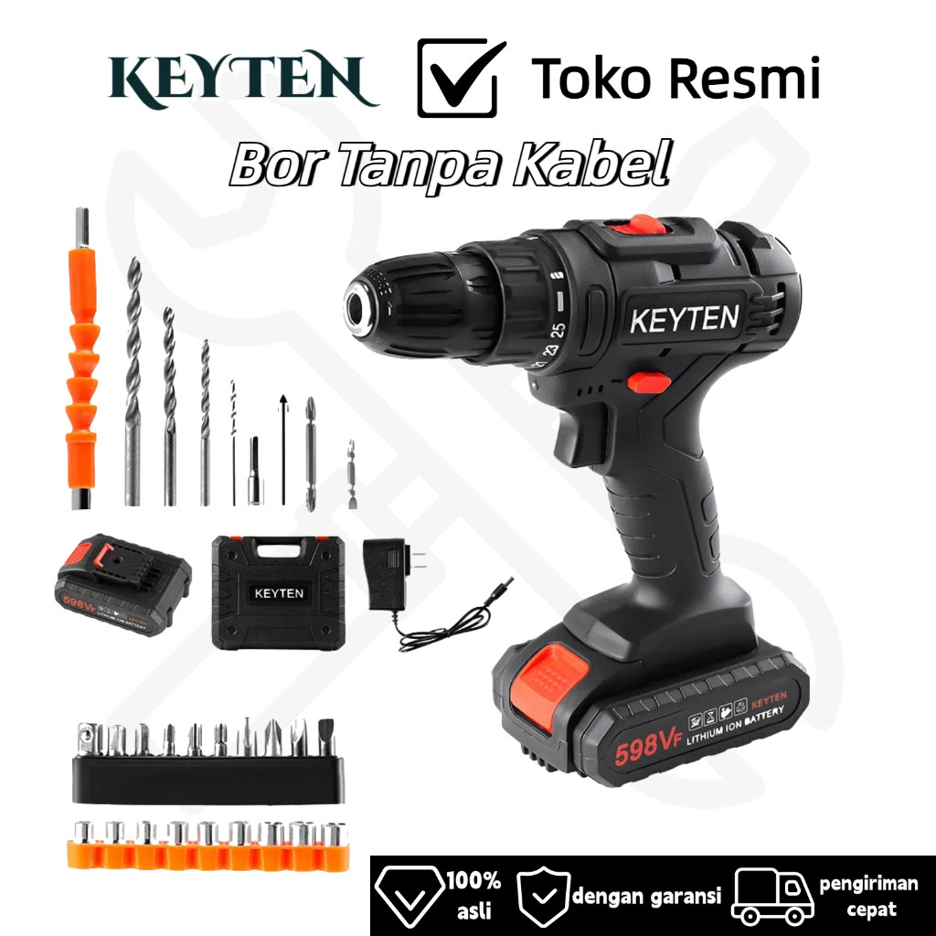 KEYTEN Bor Tanpa Kabel Set Baterai Obeng Listrik Perkakas Listrik Bor Tanpa Kabel Listrik