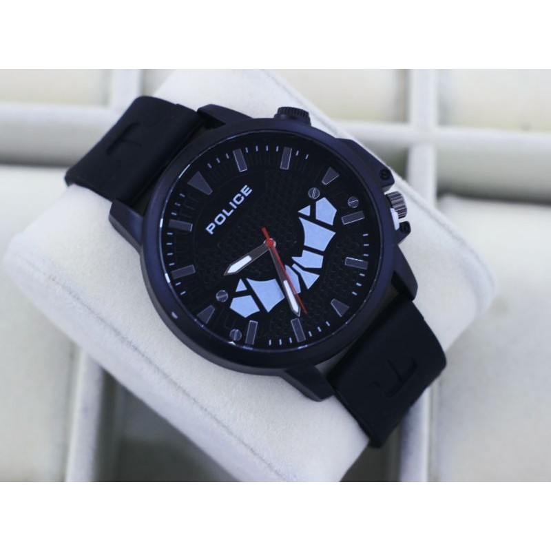 Promo ( BISA COD) JAM TANGAN PRIA POLICE TALI RUBBER DM 45MM  ANALOG QUARTZ