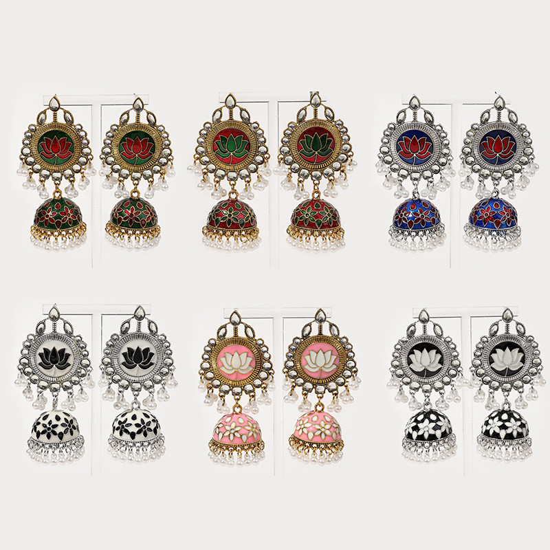 Anting-anting Gaya India Baru Double Crescent Berlian Imitasi Tassel Anting Panjang Retro Ladies