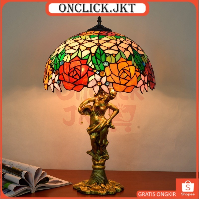 Lampu Meja Kaca Patri 40CM Motif Mawar Lampu Kaca Warna Warni Dudukan Patung Wanita Dekorasi Ruangan