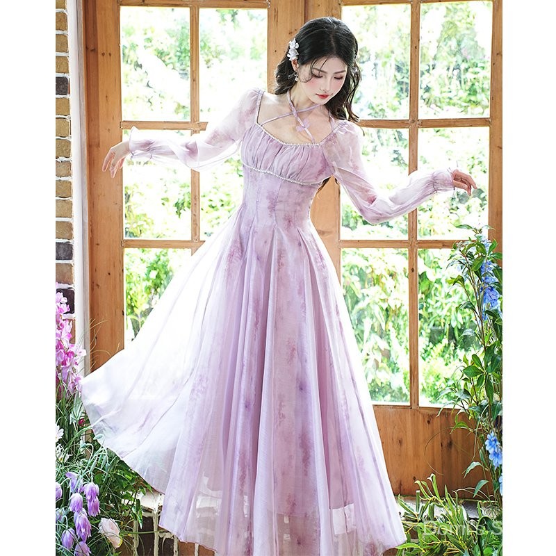 Gaun Renda Wanita, Gaun Sifon Ungu Kerah Persegi Perancis Manis