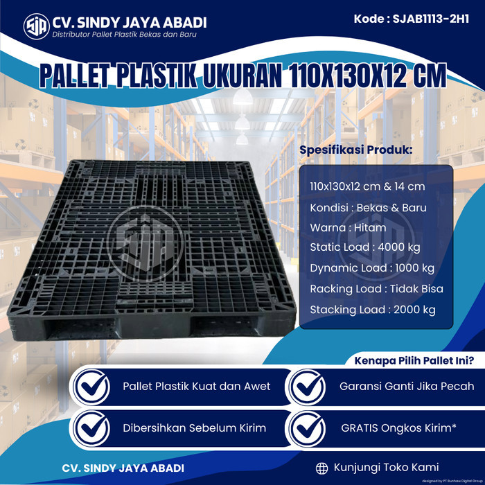 

Pallet Plastik Bekas Ukuran 110x130x12 cm - SJAB1113-2H1 / Pallet Plastik Warna Hitam / Pallet Plastik Jaring