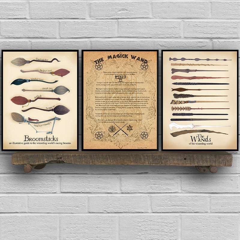 

MAGICK WAND Vintage Posters Canvas Prints Crystal Wand Hand Drawn Quidditch ollivanders Painting Wall Art Pictures Home Drcor